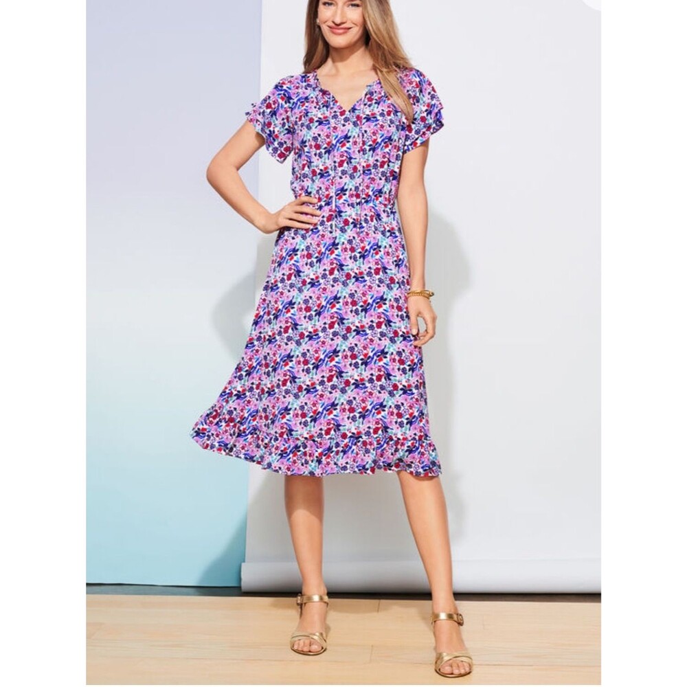 Talbots PARADISE FLORAL POPOVER Dress ditzy floral short sleeve keyhole size 10